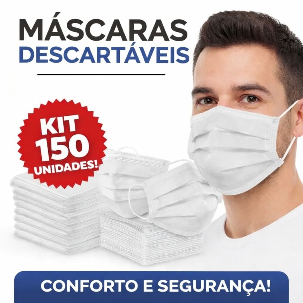 Kit 150 Máscara Descartáveis Tripla Camada Com Ajuste Nasal e Elástico - Registrada na Anvisa