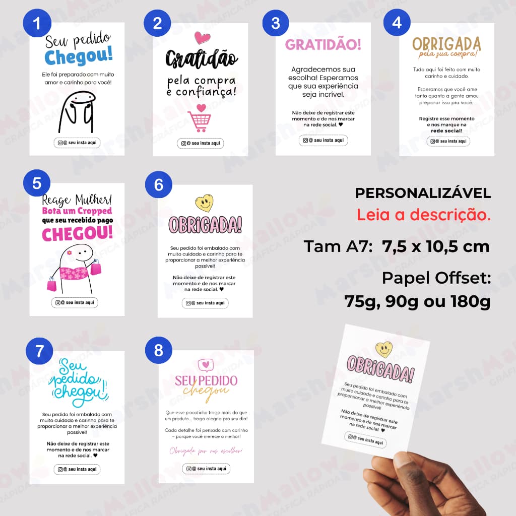 Carta de Agradecimento ao Cliente Personalizada, Tamanho pequeno 7,5 x 10,5 cm. Modelos de Cartão Postal a escolher