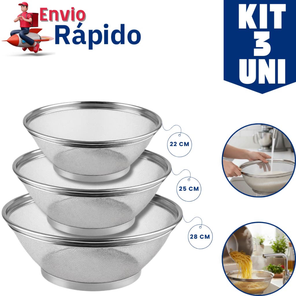 Kit 3 ou Unitario Escorredor Inox Cesta 22cm 25cm 28cm Multiuso Cozinha