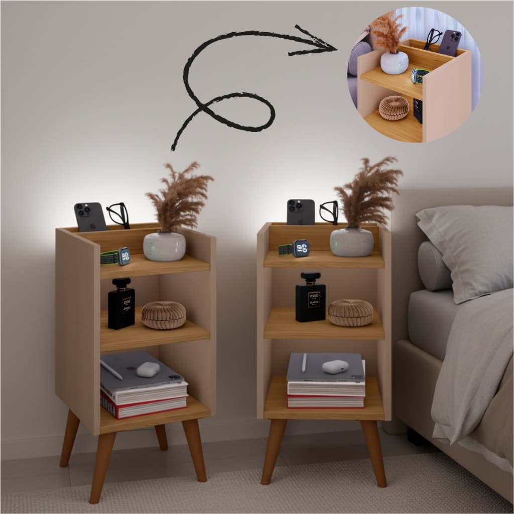 Kit com 2 Mesa de Cabeceira Nicho Organizador, pés retrô em PVC e Porta-Celular Max