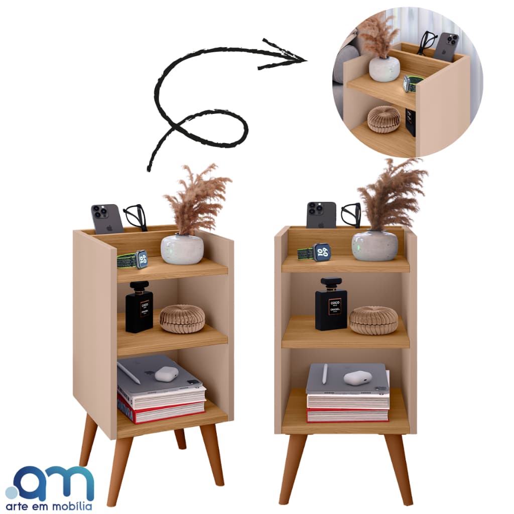 Kit 2 Criados-Mudos Compactos com Porta-Celular e Pés Retrô – Mesa de Cabeceira Lateral Moderna