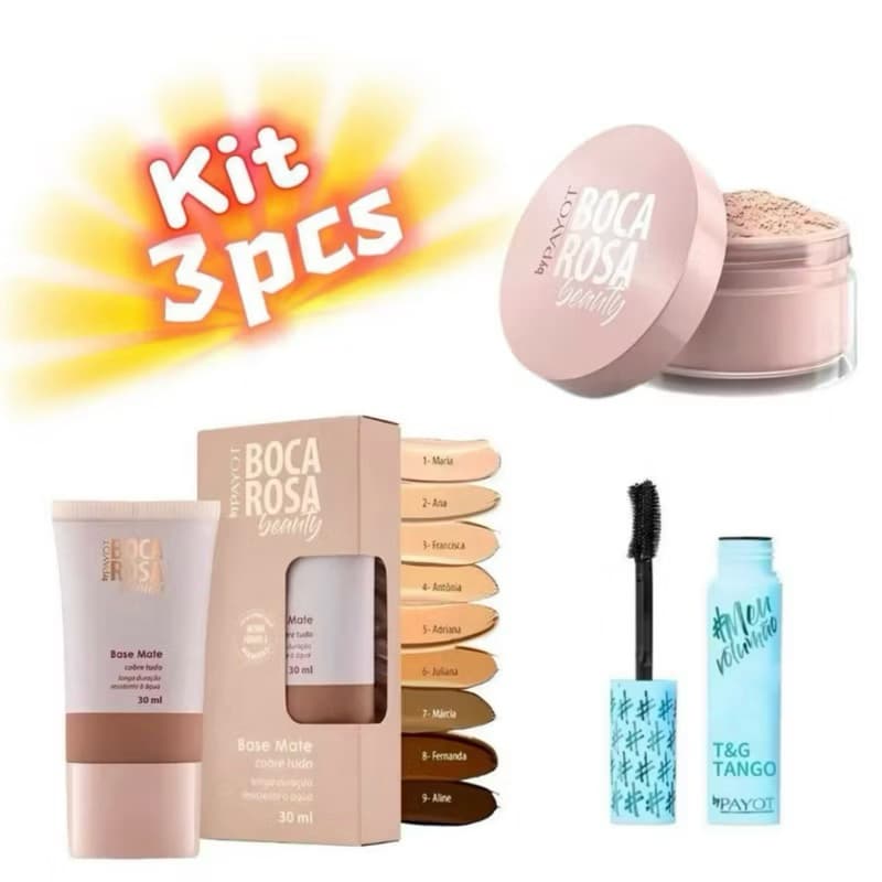 KIT 3 Pcs Base Boca Rosa + Pó Solto Mármore E Mascara Promoção