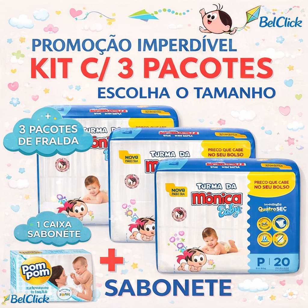 KIT 3 PACOTES DE FRALDAS + SABONETE INFANTIL