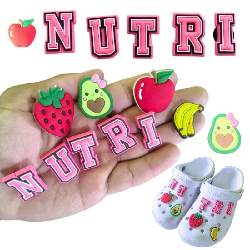 Kit 9 Pin Botons Nutrição Frutas Enfeites para Sandália Babuche Nutricionista Removíveis Fácil de Colocar (Kit Nutrição)