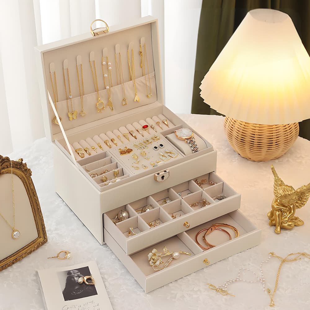 Porta-jóias em couro com 3 camadas para organizar relógio, anéis e brincos -Q19