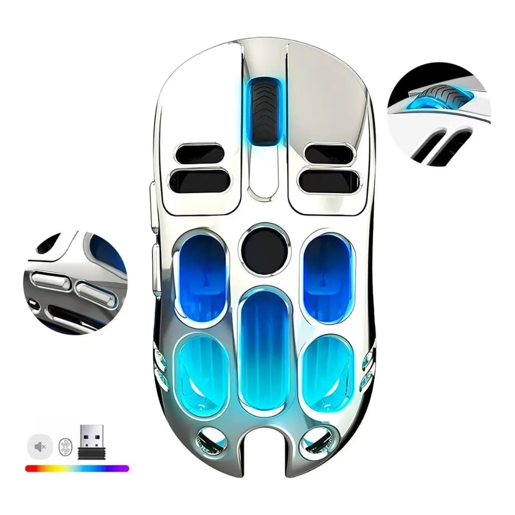 Mouse ergonômico sem fio Bluetooth prateado, três modos, Bluetooth 2,4 GHz, para jogos, casa e escritório