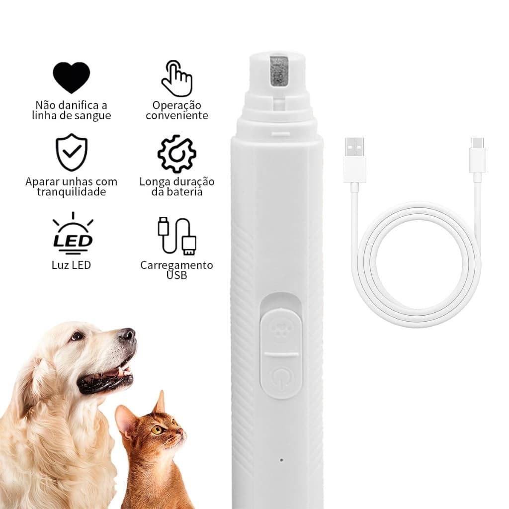Lixador de Unha Eletrico para Cachorros e Gatos Lixa Pet USB Recarregavel Led