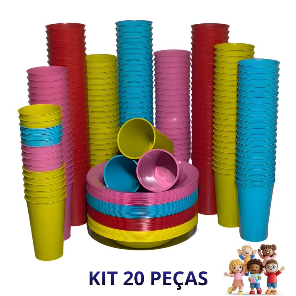 Kit 10 Pratos + 10 Copos 350ml + Pratos Fundos Redondos de Plástico Resistente