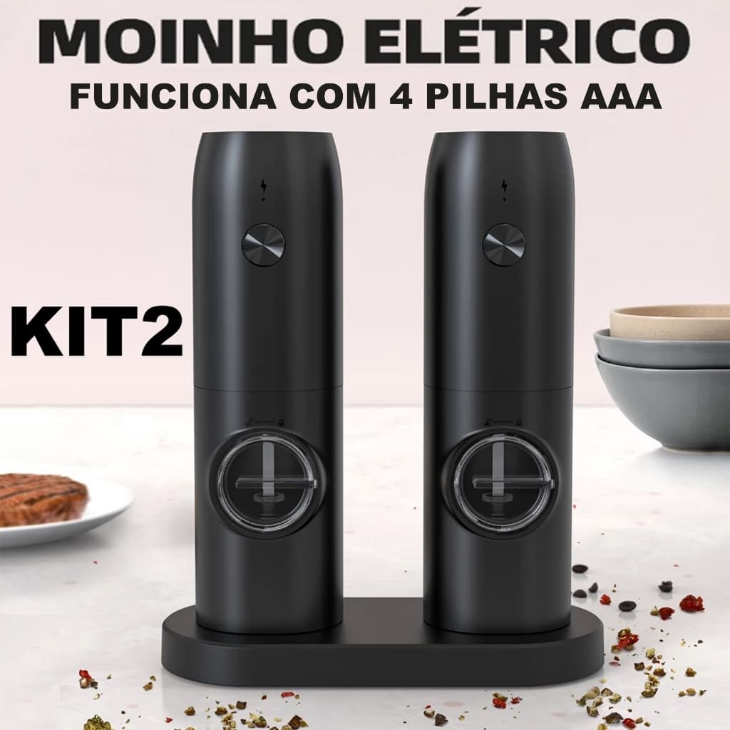 Até 2 Moedor Elétrico de Temperos e Condimentos Ajustável, Funciona com 4 Pilhas AAA para Sal Grosso e Pimenta-do-Reino