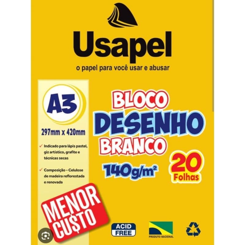 Bloco de desenho branco 140 g/m 20 folhas A3.Siga a loja e ganhe um brinde.