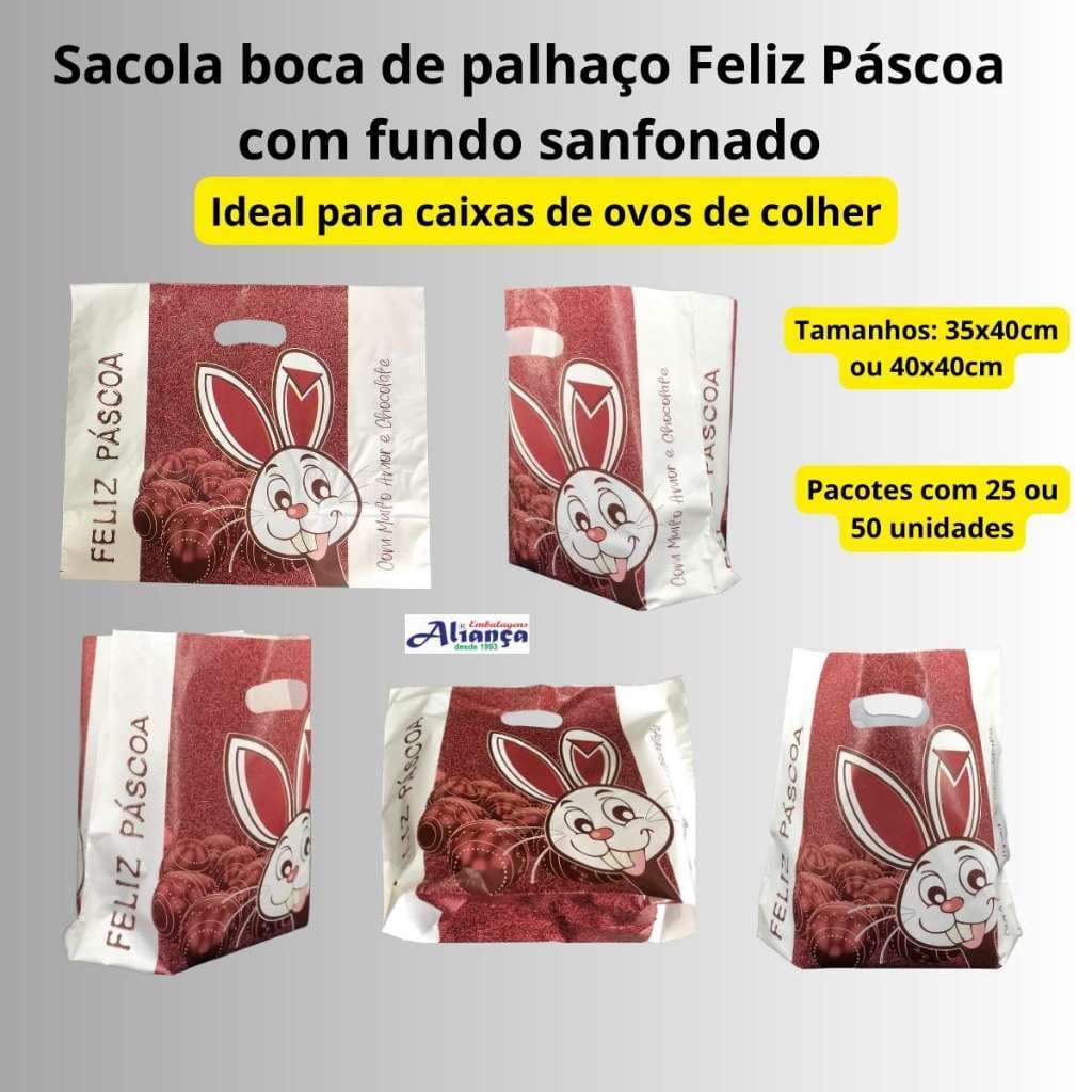 Sacola Boca de Palhaço Feliz Páscoa PEAD para Ovo de Colher – Aliança Embalagens