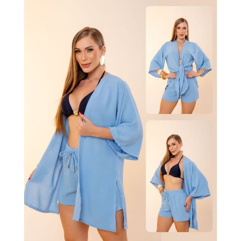 Kimono Feminino + Short Saida Praia Conjunto Kimono Manga Flare Feminino Moda Praia Plus Size Chemise Kit 2 Peças Farm
