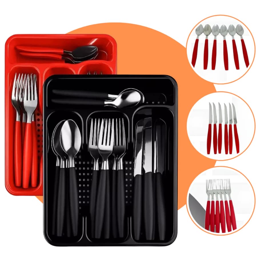 Jogo 25 Peças de Talheres, faqueiro com Suporte | Preto ou Vermelho