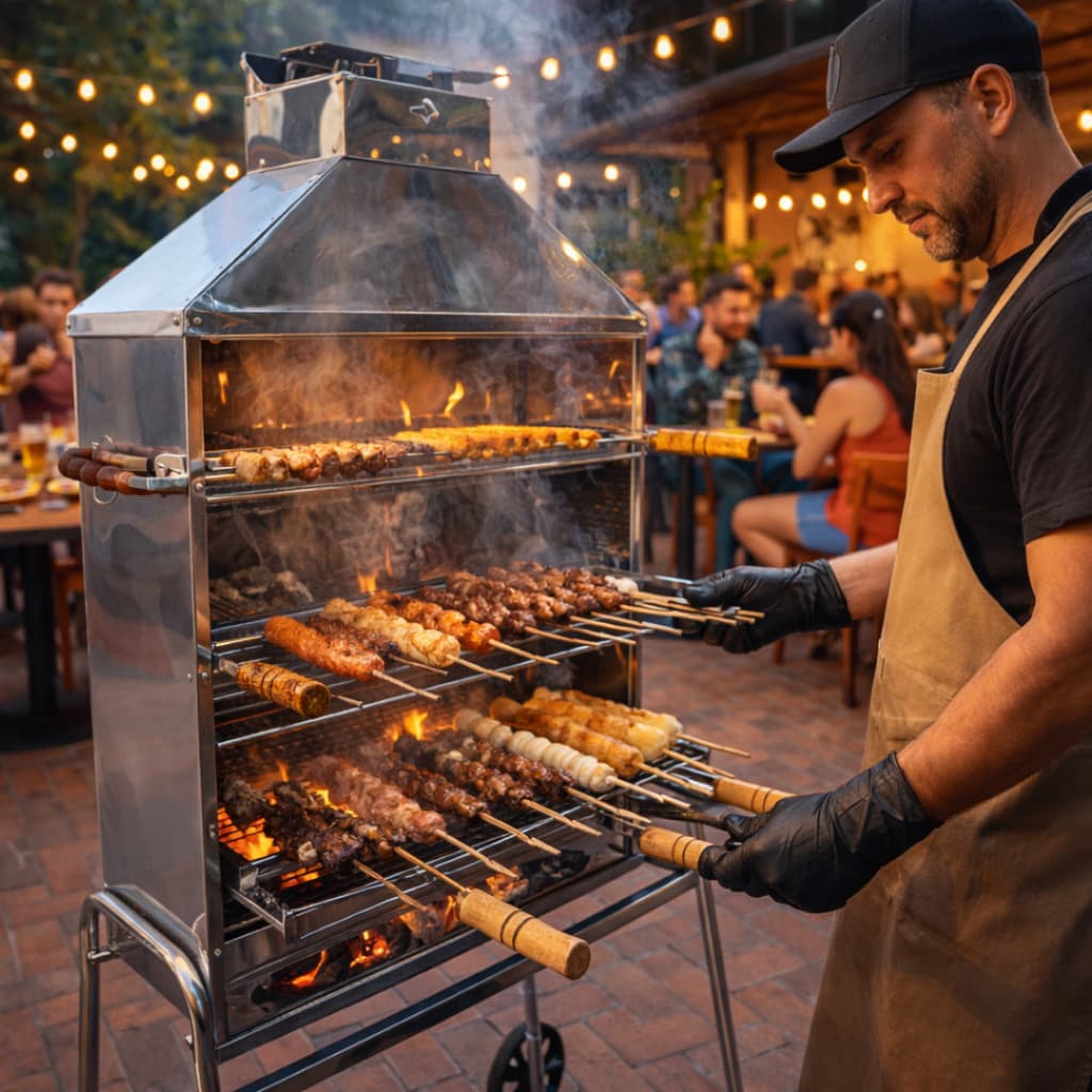 Carrinho p/ ESPETINHO churrasqueira 2 grelhas 80 espetos por hora