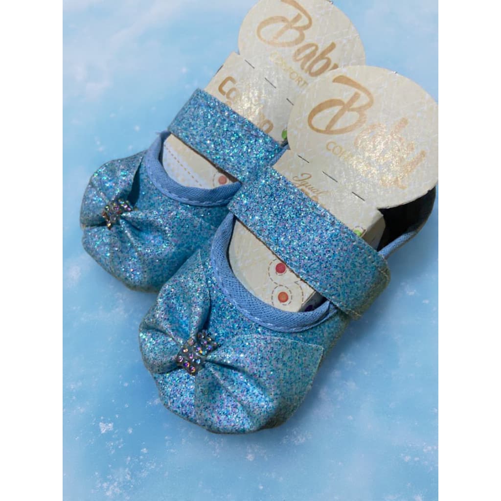 Sapatinho de bebê recém nascido - Sapatilha Feminina boneca princesa azul com glitter - LANÇAMENTO