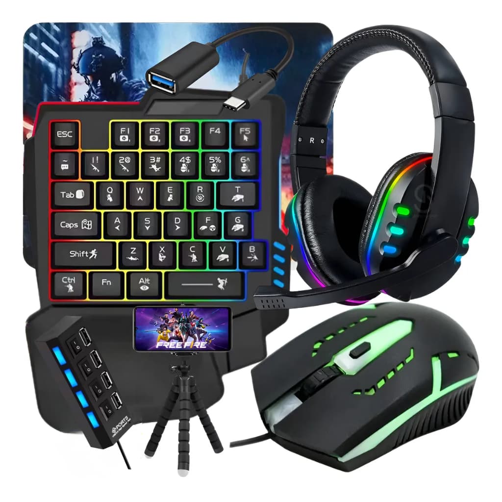 Kit Gamer Mobilador Celular Teclado Mouse  + Fone Com Microfone + Tripé + Cabo Otg + Hub Usb + Mouse Pad