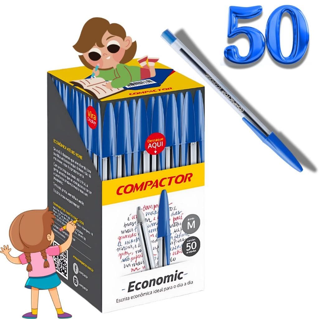 Caixa 50 Canetas Originais Esferográficas 1mm  Compactor Economic