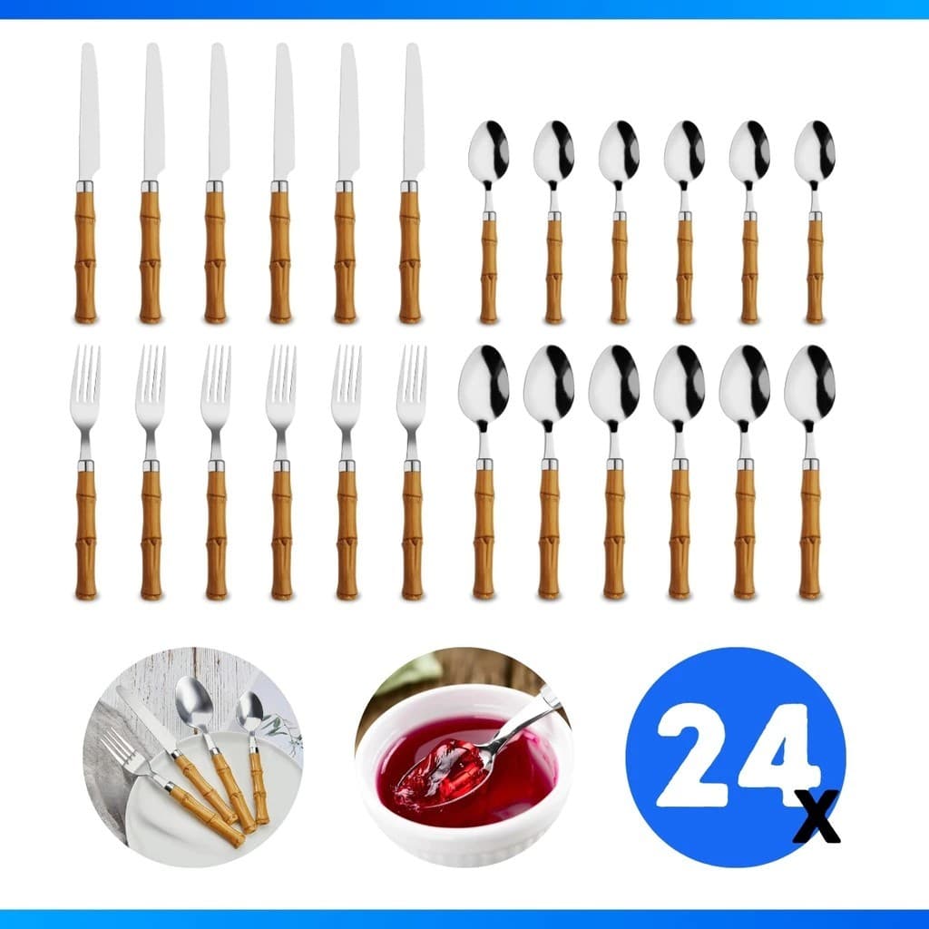 KIT FAQUEIRO TROPICALE 24 PECAS ACO INOX CABO BAMBU IMITANDO MADEIRA PLASTICO