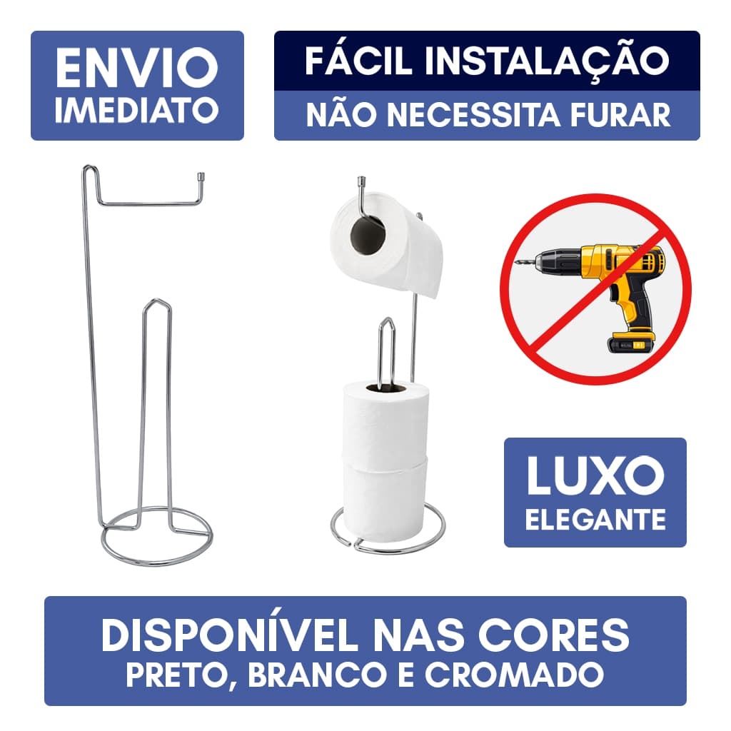 Suporte Porta Papel Higiênico Triplo Toalha de Rosto de Chão Banheiro Lavabo Luxo Elegante Cromado
