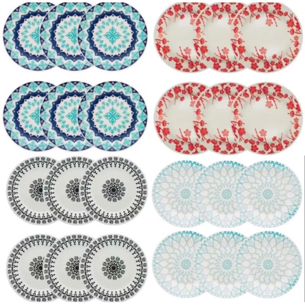 Jogo de Pratos Fundo Jantar Decorado Louça Cerâmica Lindo 12 peças Biona 22cm mesa posta elegante