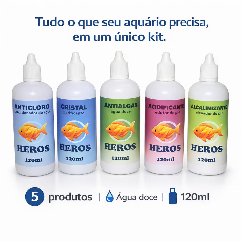 Kit 5 Produtos 120ml para Aquários – Anticloro, Clarificante, Alcalinizante e Antialgas