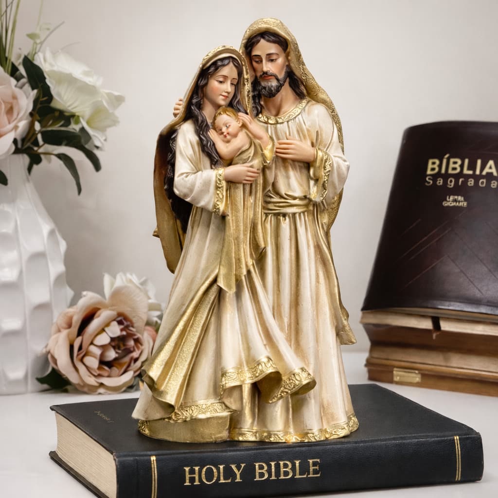 Sagrada Família Imagem Religiosa 20cm Estátua Decorativa Católica Sacra Gesso Com Resina