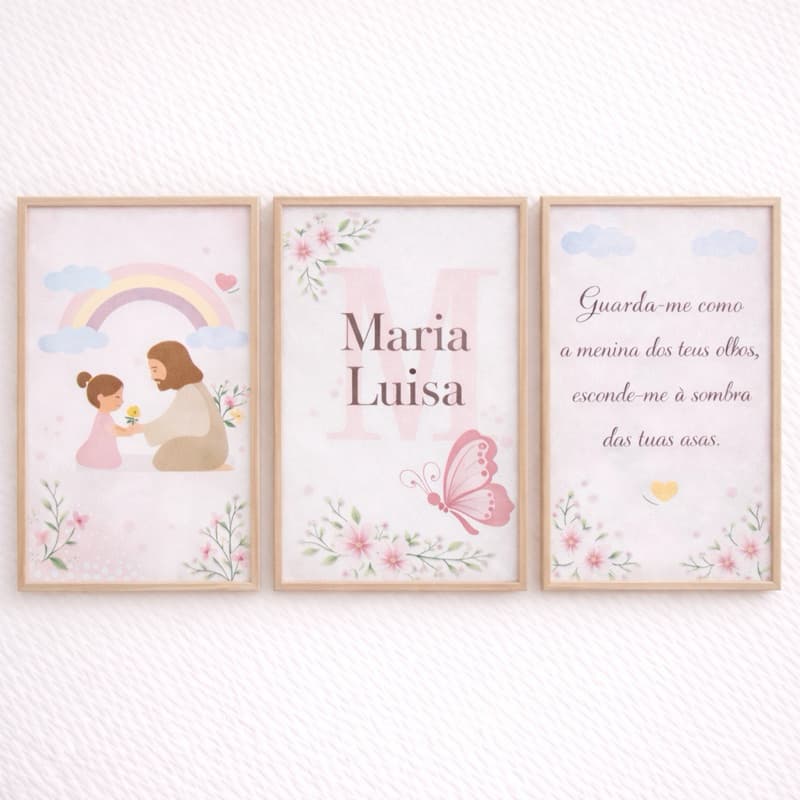 Kit 3 Quadros Infantil Religioso Jesus com Criança Personalizado Nome e Inicial