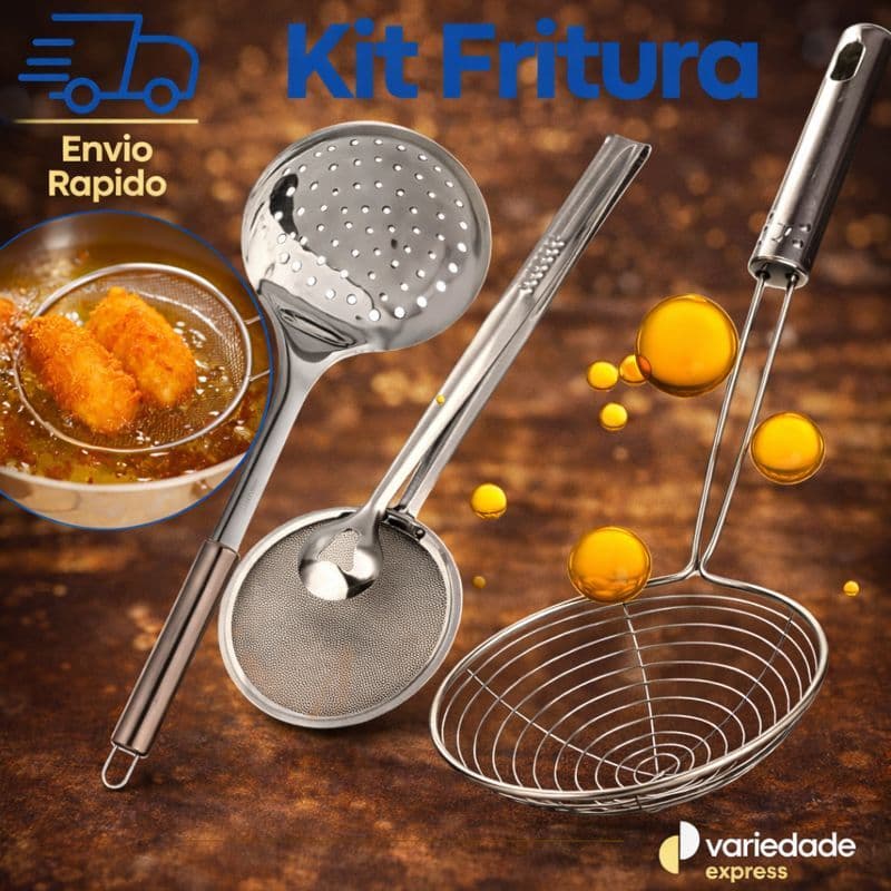 Kit 3 Escumadeiras Inox Profissional | Fritura e Cozinha Uso Restaurante e Doméstico
