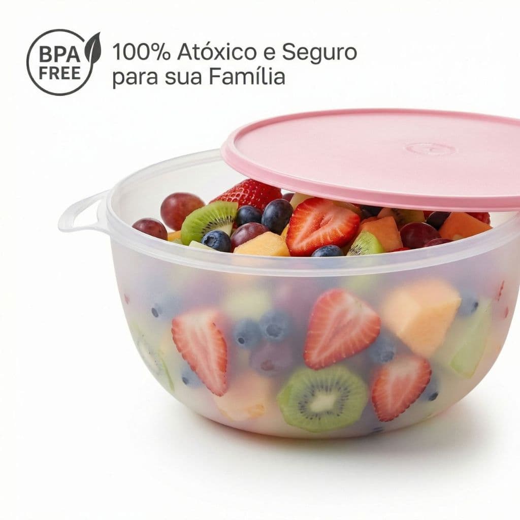 Kit 2 Potes Bowl 5,8L Casa Bella Transparente c/ Tampa Colorida – Tigela Saladeira Grande – BPA Free Freezer Micro-ondas