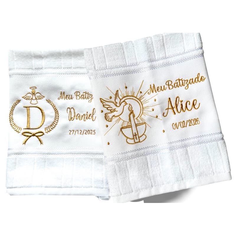 Toalha de Boca e mão Meu Batizado Com Nome Bordado Anjinho- Batizmo