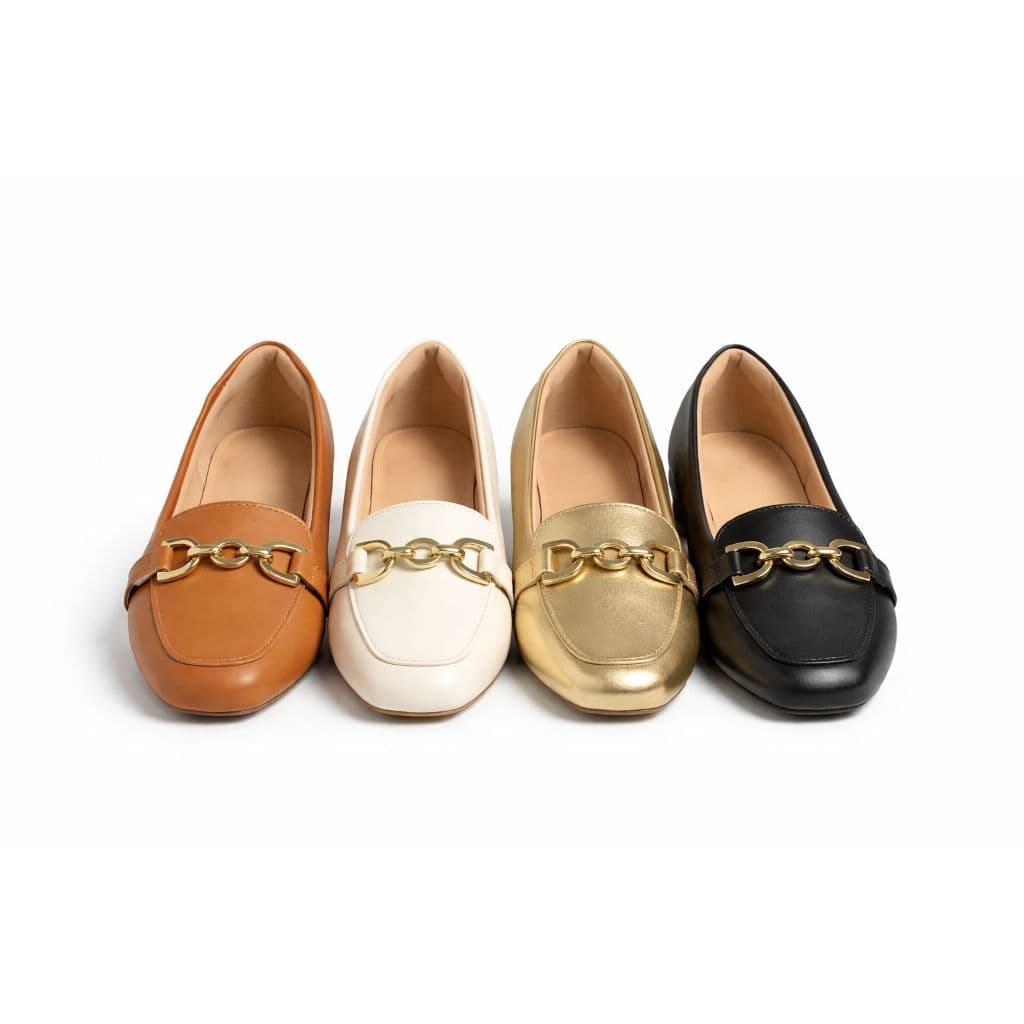 Sapatilha Feminina Mocassim Bico Quadrado Corrente Confort Casual ouro light a queridinha