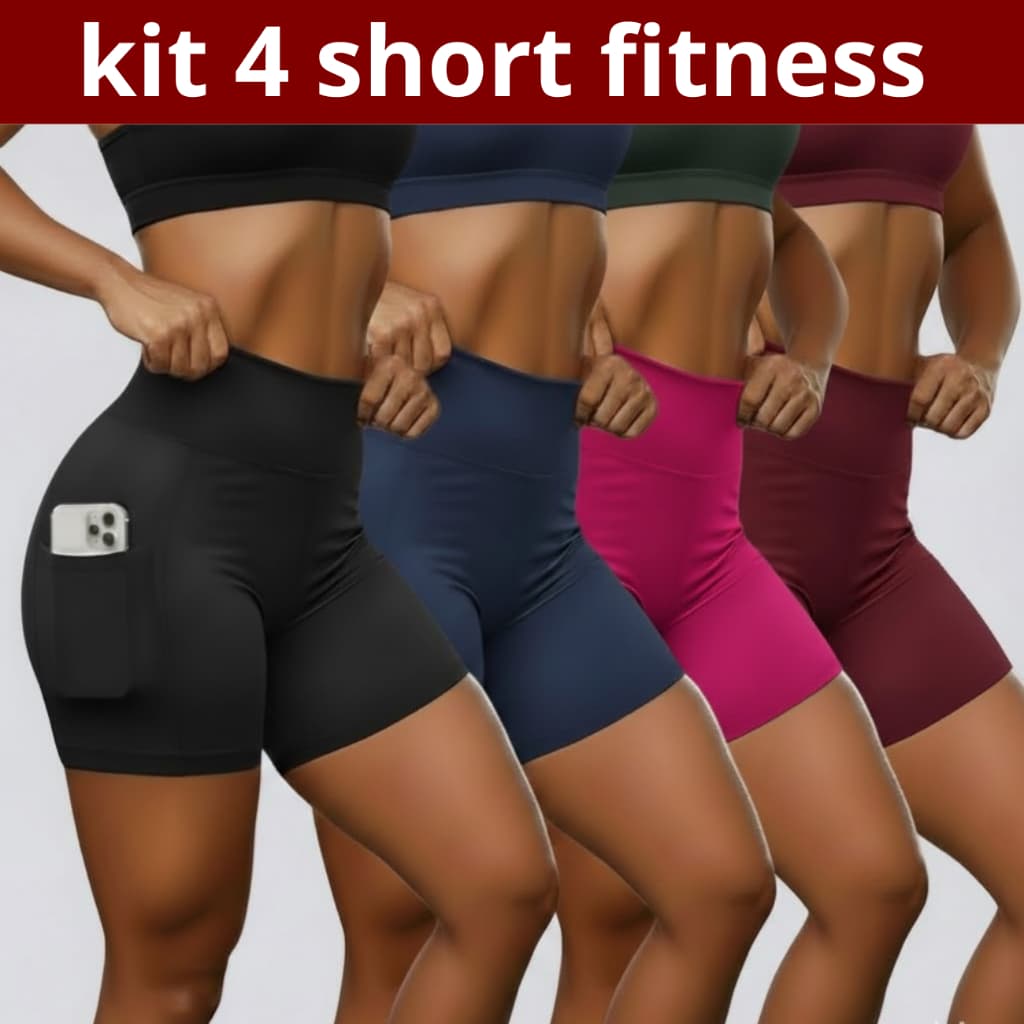 Kit 4 Shorts Academia Feminino Cintura Alta com Bolso Suplex Premium Não Transparente