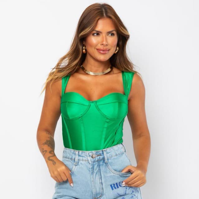 Body Feminino Acetinado Alça Grossa Com Barbatana Aro Tendência