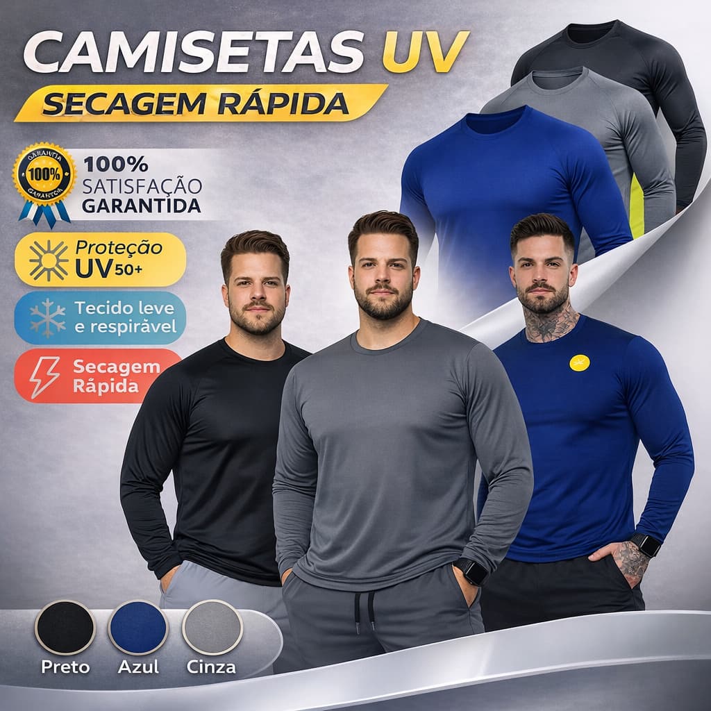 Kit 3 Camisas Térmicas M ao G4 Masculinas UV 50+ Segunda Pele Academia
