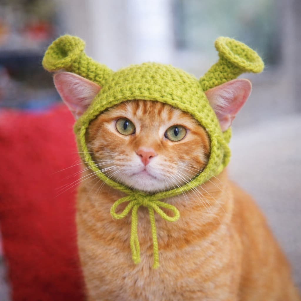 Touca para Gato Shrek 🐱💚 | Touca de Crochê Feita à Mão | Fantasia Pet Geek Divertida