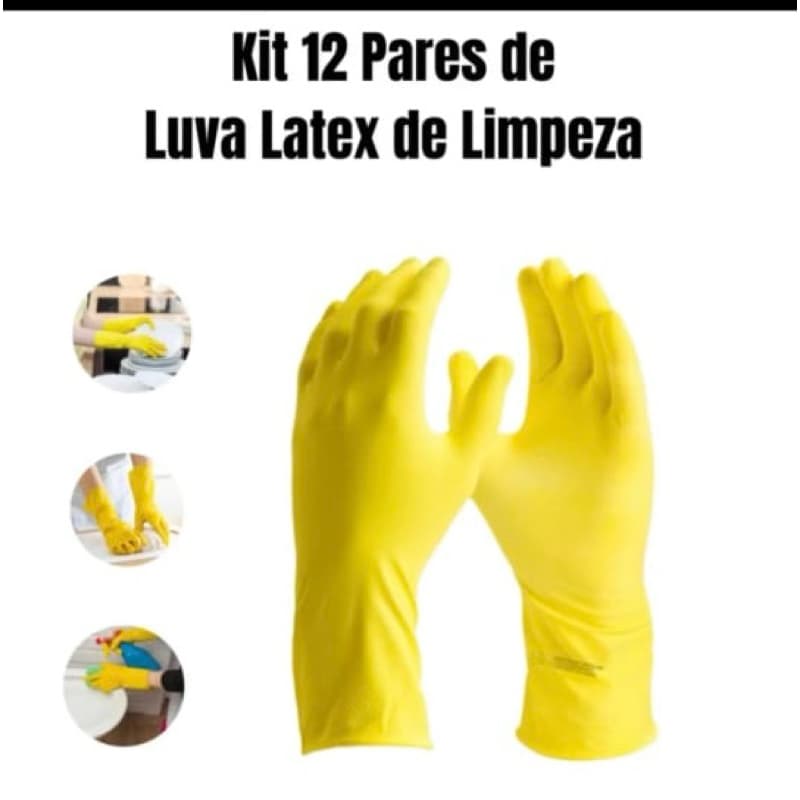 Kit 12 pares Luvas Latex Multiuso PVC amarela Limpeza Doméstica Pesada