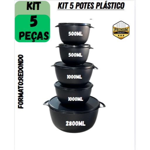 Kit Redondo 5 Potes Herméticos Plástico – Organização Prática e Moderna para a Sua Cozinha Alimentos Mantimentos