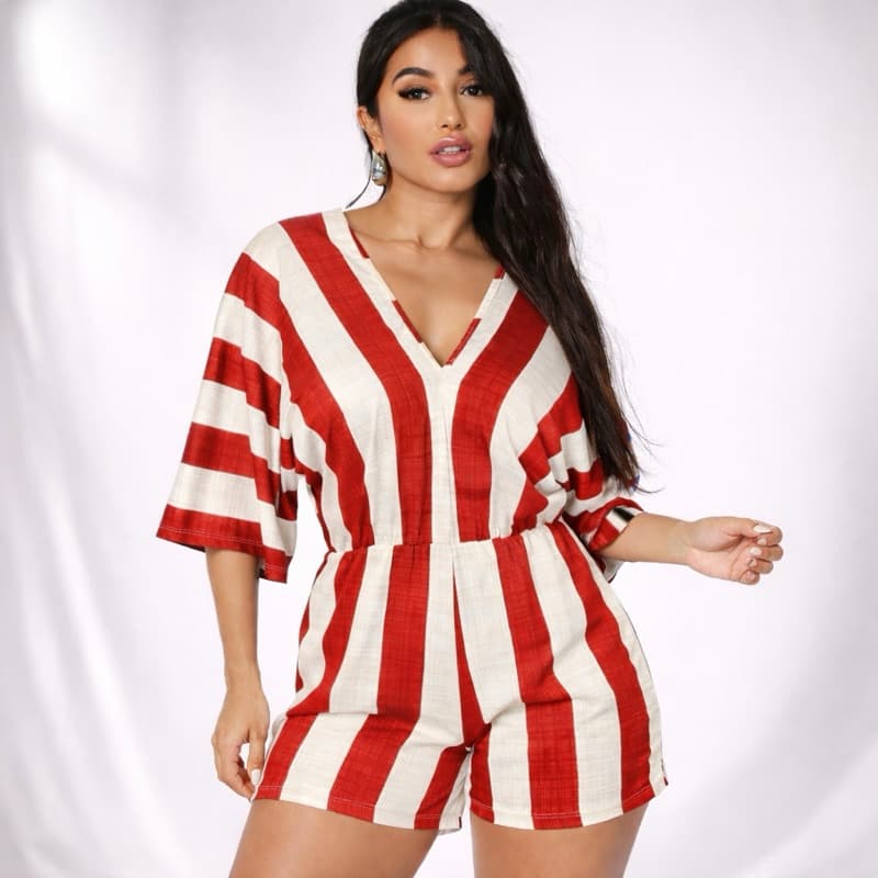 macacão Gola V manga envio Rápido Flare Listra Grossa moda feminina casual