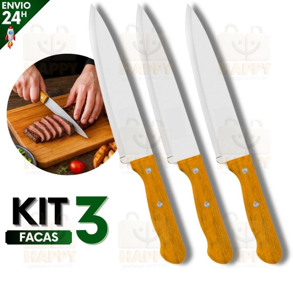 Kit 3 Faca de Cozinha Cabo de Madeira Profissional Inox 7” Polegadas 30cm Alta Durabilidade