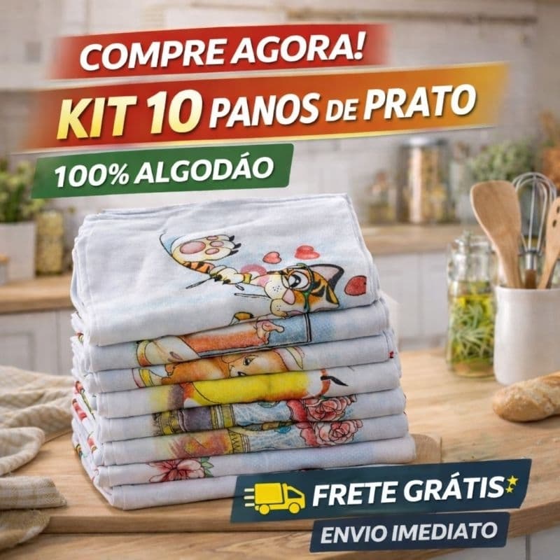 Kit 10 Panos de Prato Algodão Estampado | Pano de Cozinha Absorvente Limpeza