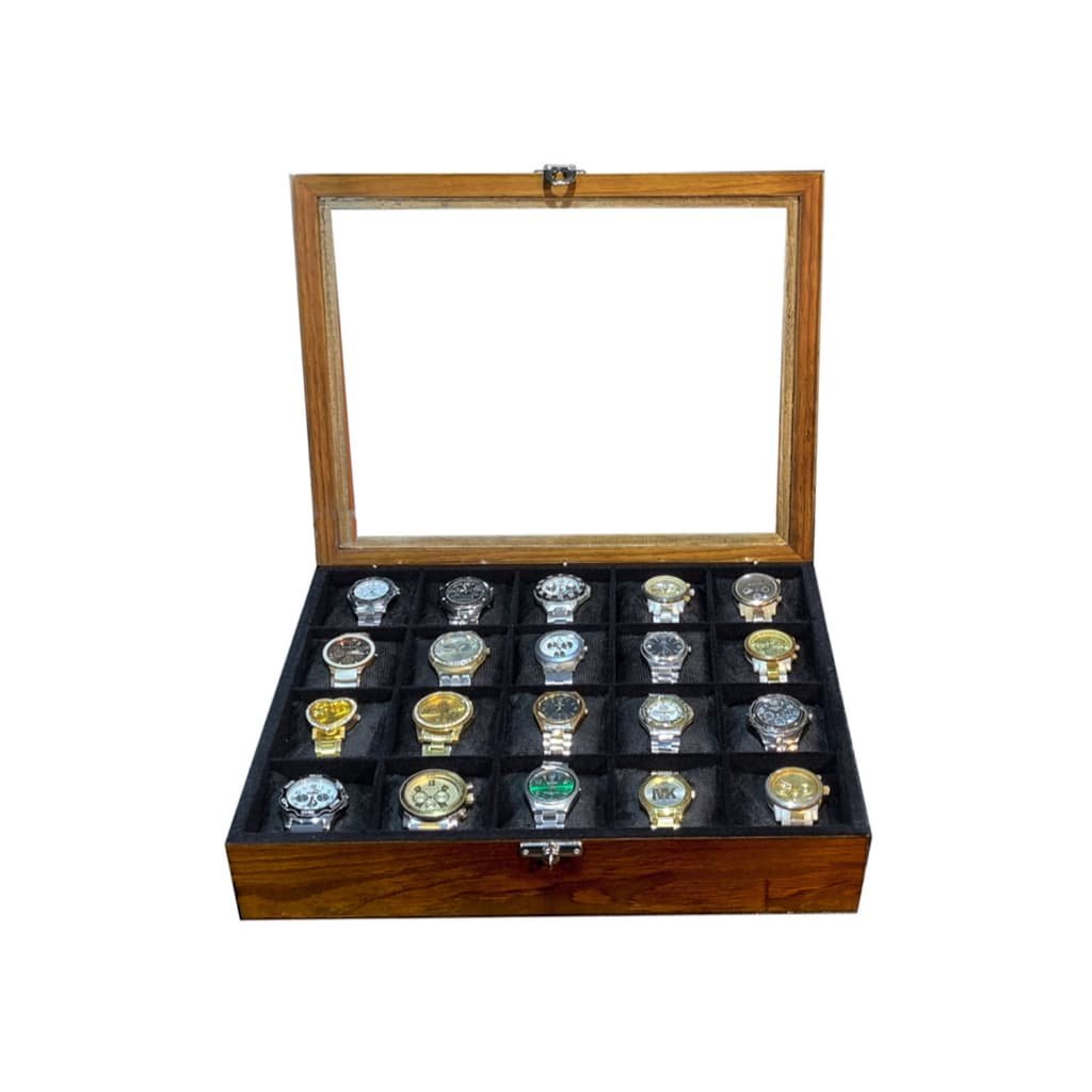 Caixa Relógios Madeira Maciça Tabaco Veludo Preto 20 Divisões