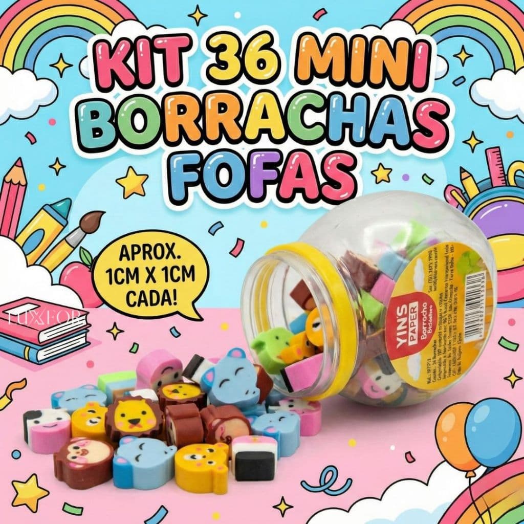 Potinho com 36 Mini Borrachas em Formato de Bichinhos Potinho Infantil Material Escolar Borrachinhas