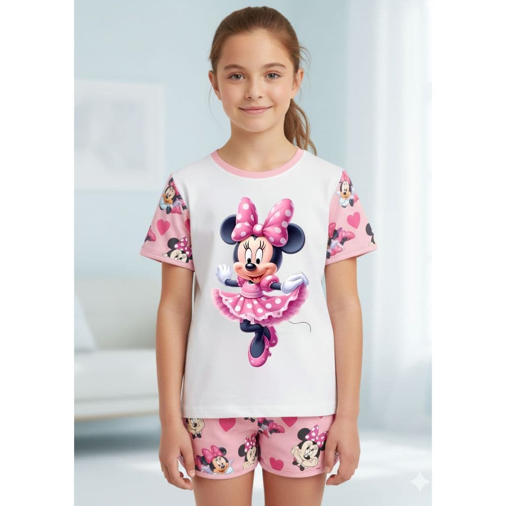 Pijama infantil Feminino Manga Curta Minnie Estampado Personagem Barato pode ser Personalizado