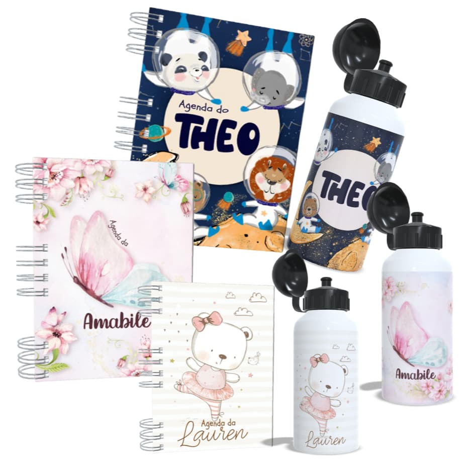 Agenda Escolar + Garrafa - Personalizada - Caderno Permanente - Kit - Personalize com Nome