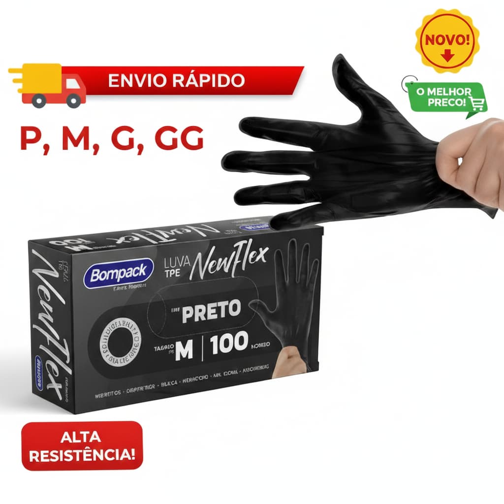 Luva Descartável Viniflex Preta TPE Sem Pó 100 Unidades Alta Resistência