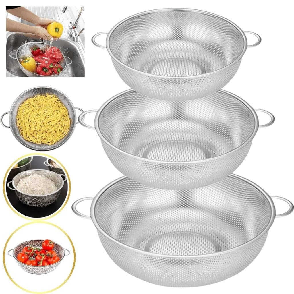 Escorredor Multiuso em Aço Inox  28,5 cm de diâmetro x 10 cm de altura, com alças e bas Para arroz, legumes, frutas