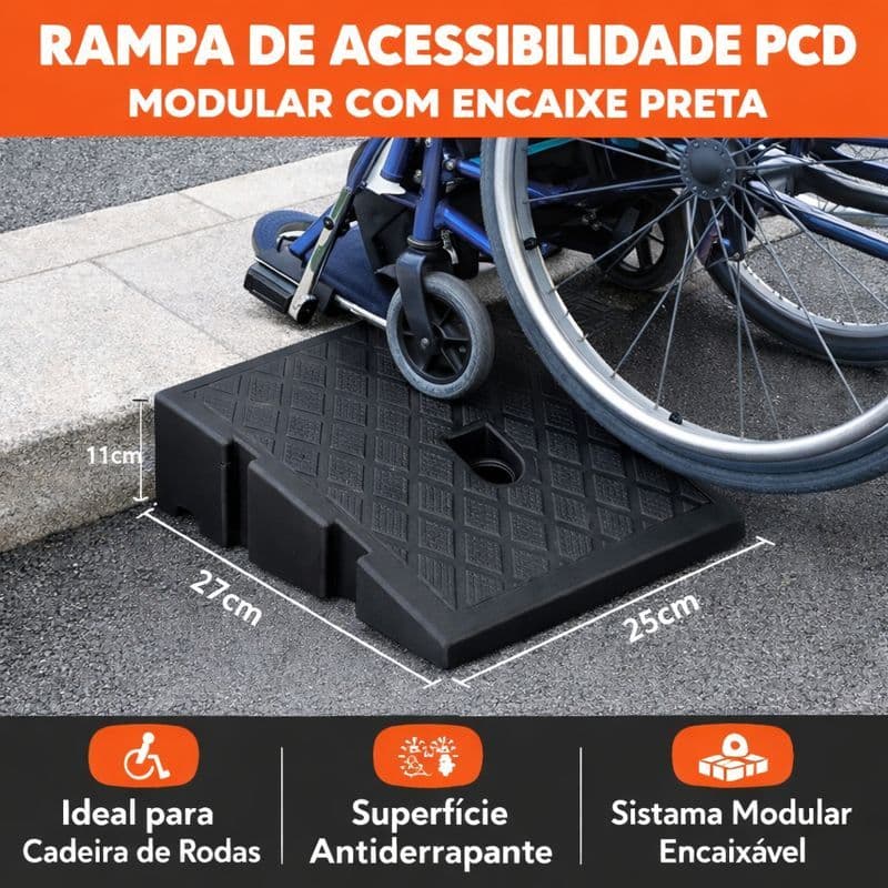 Rampa degrau 11x27x25 cm encaixe modular calçadas garagens meio fio deficientes Pcd  - Preto
