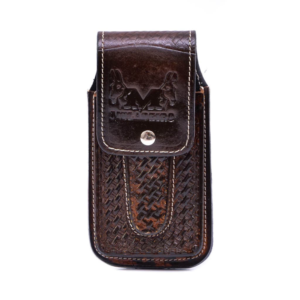 Bainha Porta Celular e Canivete Capinha Dura Canguru Conjugada Couro Legítimo Cor Café.