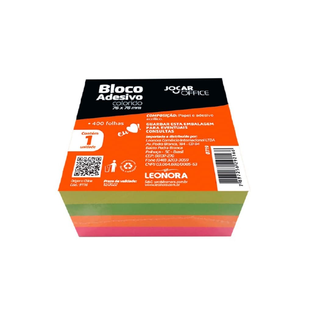 Bloco Adesivo 76x76mm 400 Folhas 4 Cores Jocar Office 1 Unidade