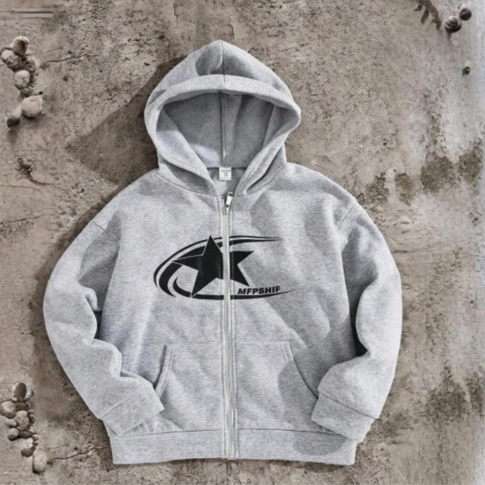 Casaco Moletom de Zíper Casual Streetwear  Star Urban Y2K Unissex Flanelado Algodão